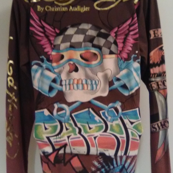 Ed Hardy Brown Long Sleeve Skull Graphics t-shirt Rare Find - Picture 5 of 16